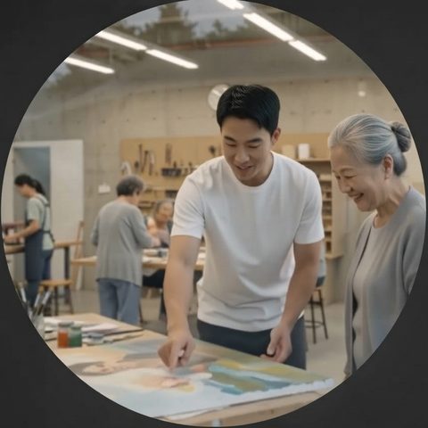 「藝術圓夢中心」經濟學 — 社區藝術工坊裡，青年陪長輩一起作畫