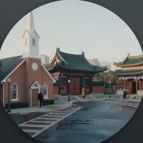 跨宗教經濟學 — 教堂與廟宇同街並立的城市景觀示意